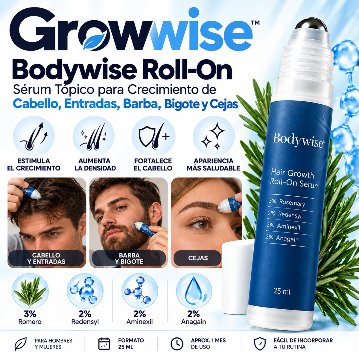 Growwise™ Bodywise Roll-On — Sérum Tópico para Crecimiento de Cabello, Barba y Cejas | Romero 3%