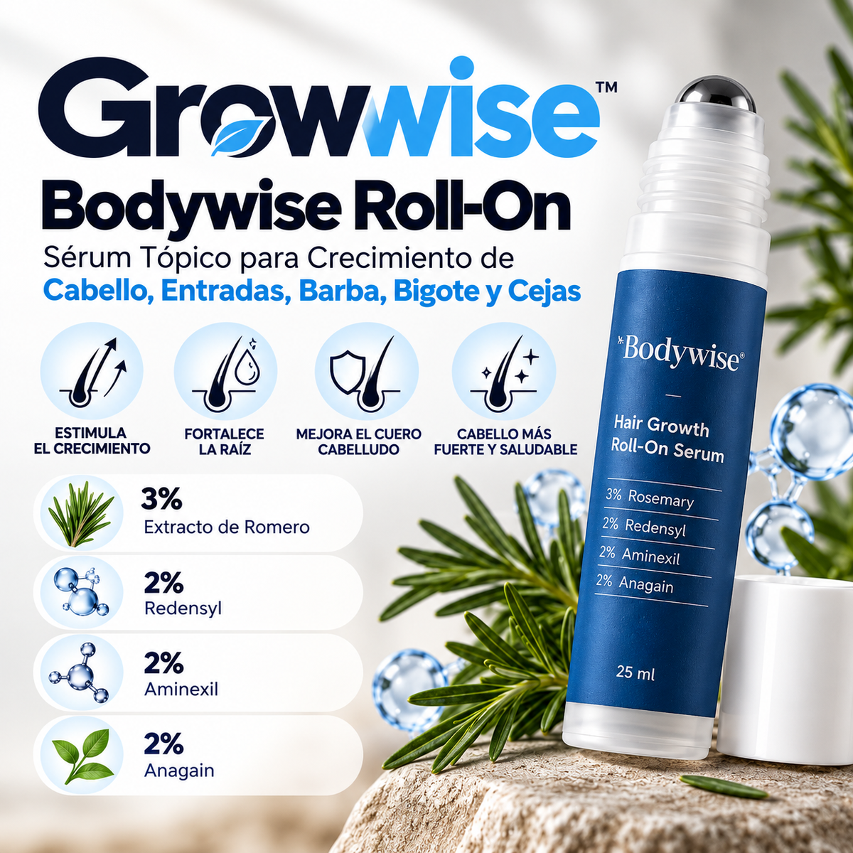 Growwise™ Bodywise Roll-On — Sérum Tópico para Crecimiento de Cabello, Barba y Cejas | Romero 3%