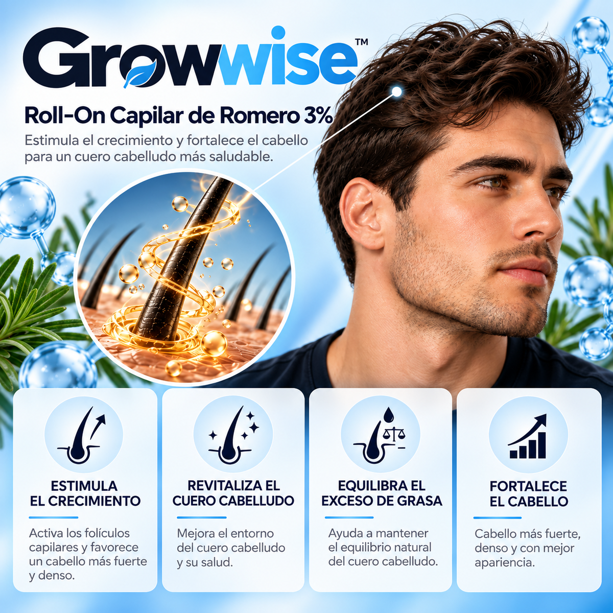 Growwise™ Bodywise Roll-On — Sérum Tópico para Crecimiento de Cabello, Barba y Cejas | Romero 3%